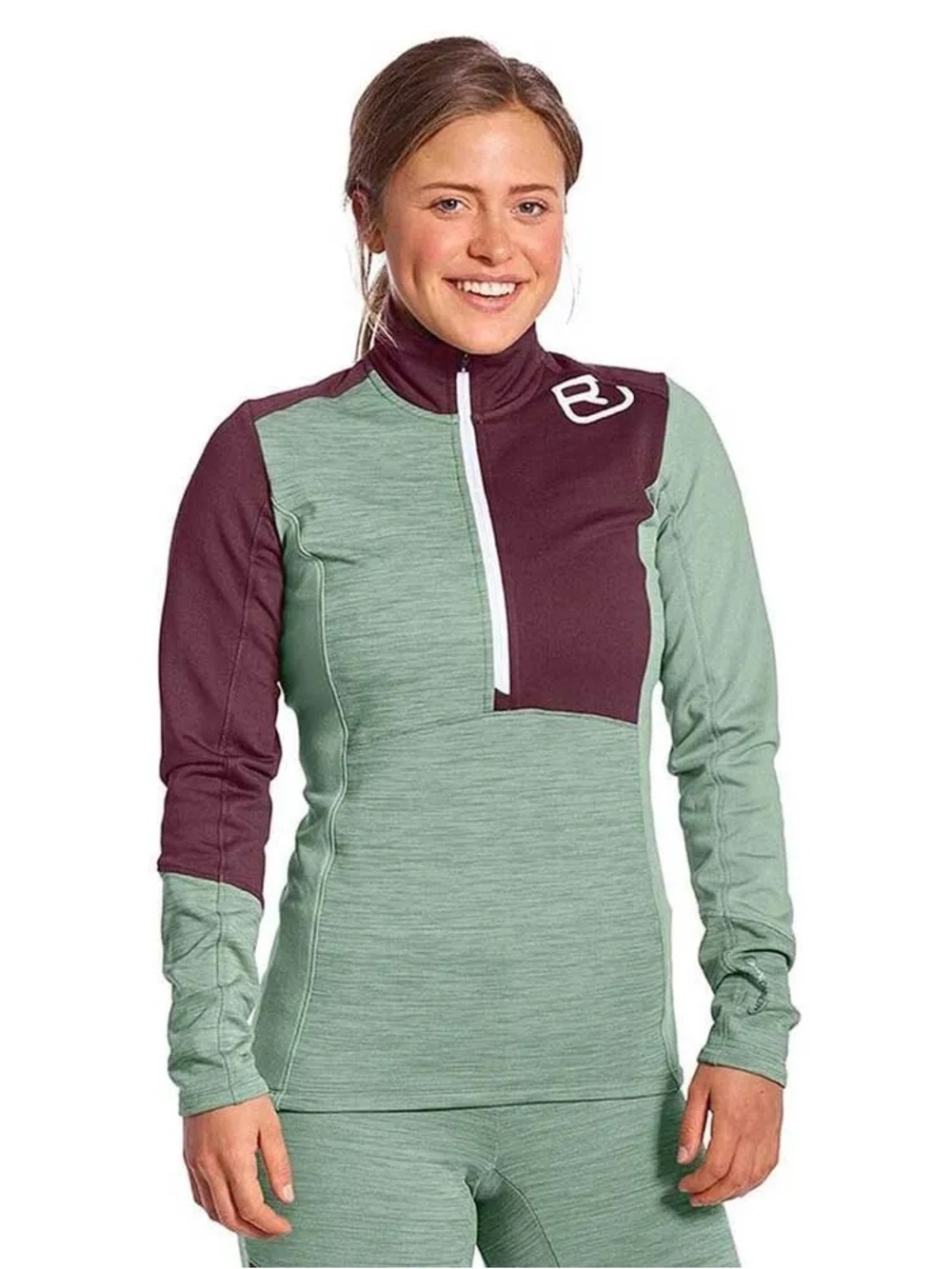 Ortovox light fleece zip pullover maroon green size large merino wool